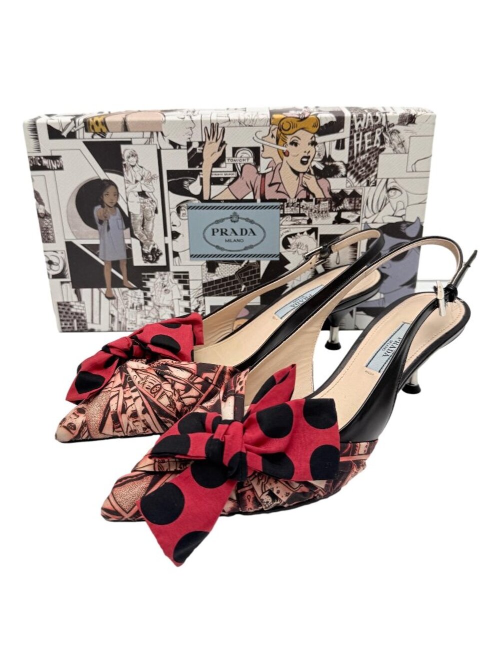 PRADA Comics + Vite Comic & Polka Dot Poplin Kitten Heels - IT 37 / US 7